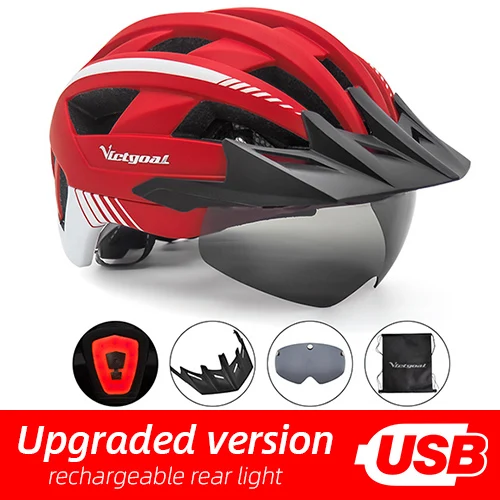 Red Helmet VICTGOAL шлем для горной дороги, велосипедный шлем с солнцезащитным козырьком, очки для мужчин и женщин, велосипедный шлем, задний светильник, магнитные очки, велосипедные шлемы - Цвет: Red Helmet