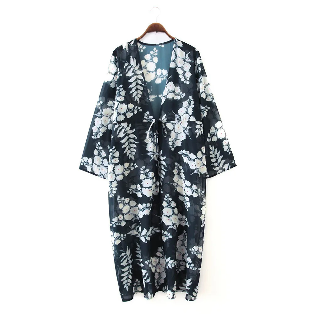 Bikini Cover-ups Boho Printed Long Kimono Cardigan Plus Size White Black Chiffon Tunic Women Beach Wear Swim Suit Cover Up A225