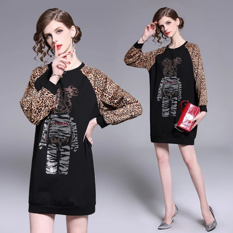 

2019 Spring And Summer WOMEN'S Dress Diamond Set Joint Leopord Pattern Ozhouzhan Feminine Dress