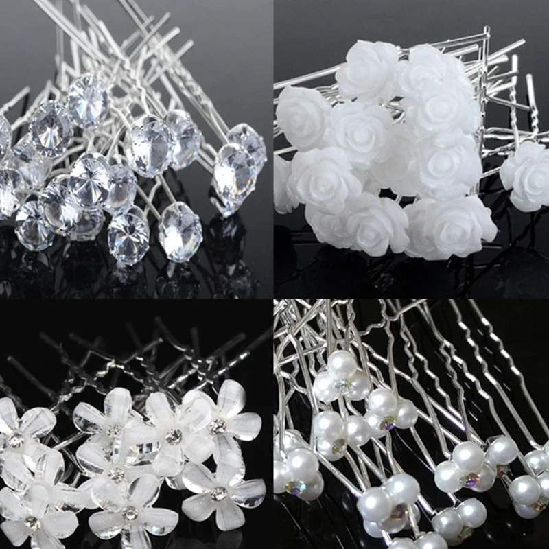 20pcs Women Hair Clips Flower Hairpin Stick Wedding Bridal Crystal Pearl Hairpins U Shaped Hair Clip Barrettes Hair Accessories