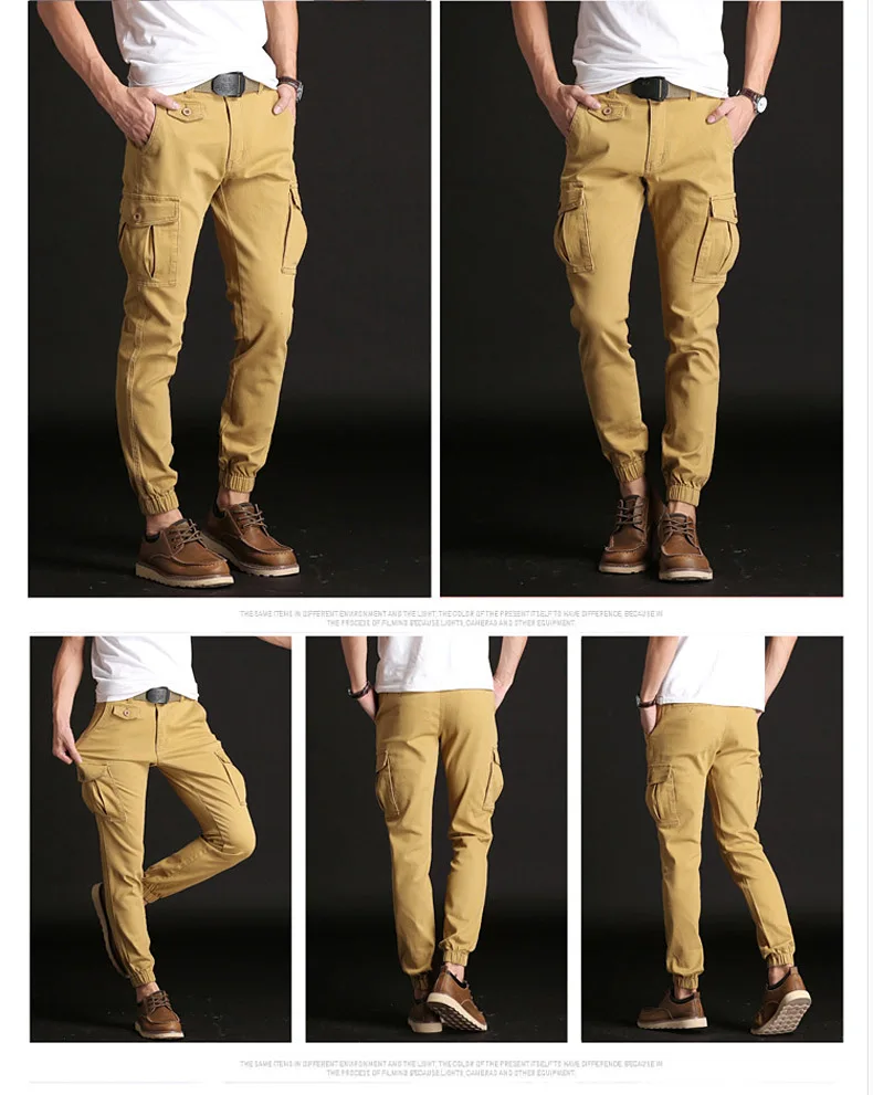 Description Picture 5 of itemCargo Pants Men Slim Foot Close Elastic Streetwear Stretch Fabric Ankle Length Black Khaki Pants Many Pocket Trousers Male