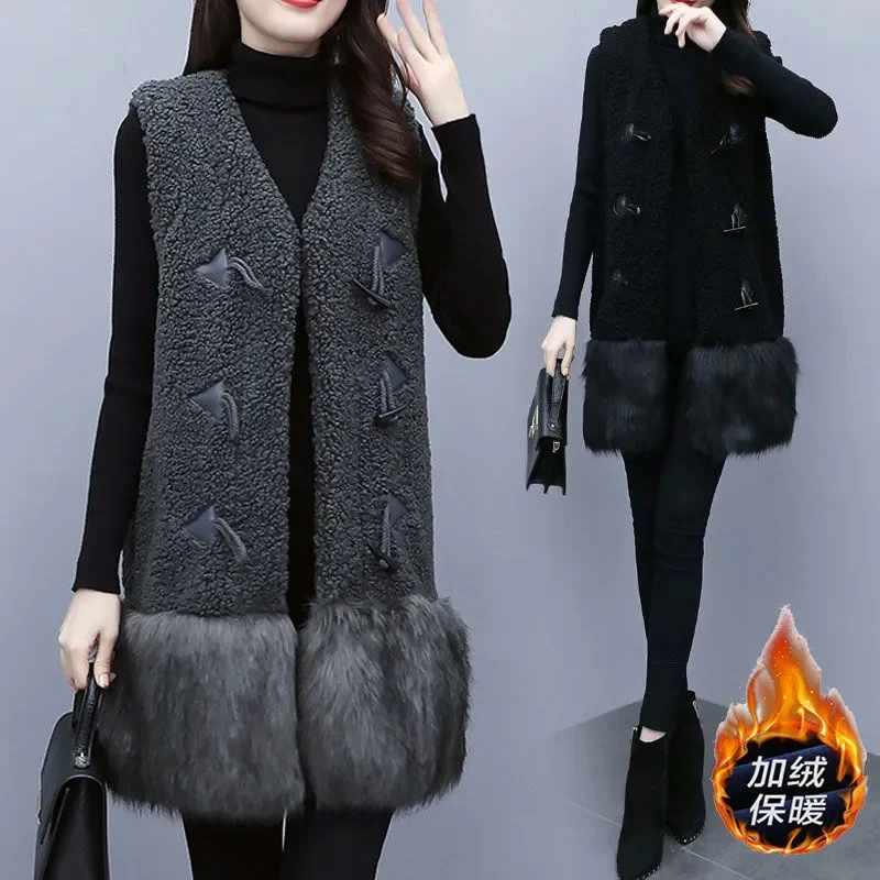 2022 Winter Female Velvet Coat Warm Mid-length Waistcoat Fat MM Loose Women High-end Jacket Lambswool Vest Jacket Black  A857
