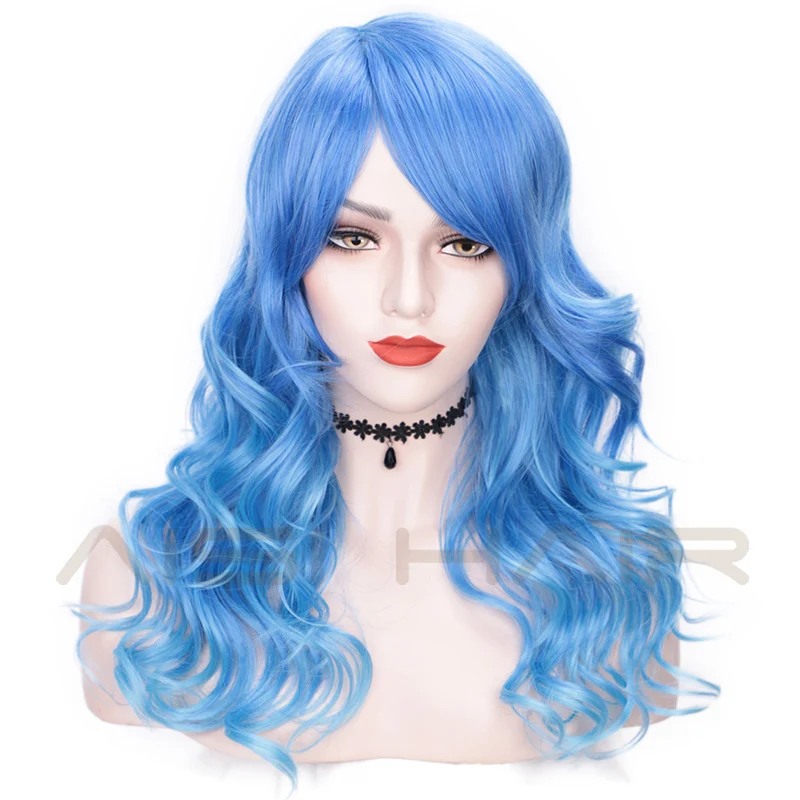 AISI волосы длинные синие кудрявый парик волосы розовый фиолетовый синтетические смешанные цвета парики сторона часть парик для вечерние Косплей Хэллоуин