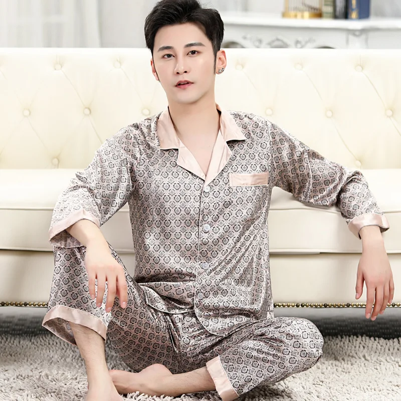 satin pajamas Pajama Set High Quality Silk Pajama for Men Sleep Tops Trousers Two Pieces Long Sleeved Sleepwear Satin Set Plus Size Pyjamas plaid pajama pants