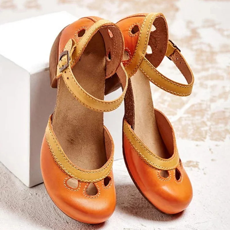 Women Summer Shoes Mid Heel Hollow Out Casual Sandals Elegant Retro Ladies Pumps Ankle Color Block Buckle Straps Female Sandals women sandals women pumps shoes women single shoes women wedges heels shoes