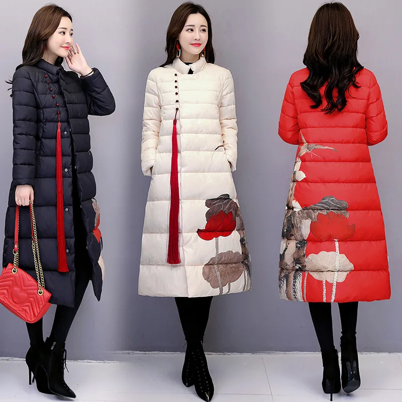 

2019 Winter New Style Chinese-style Slim Fit Long Simple Elegant Placket Tassels Cotton Overcoat