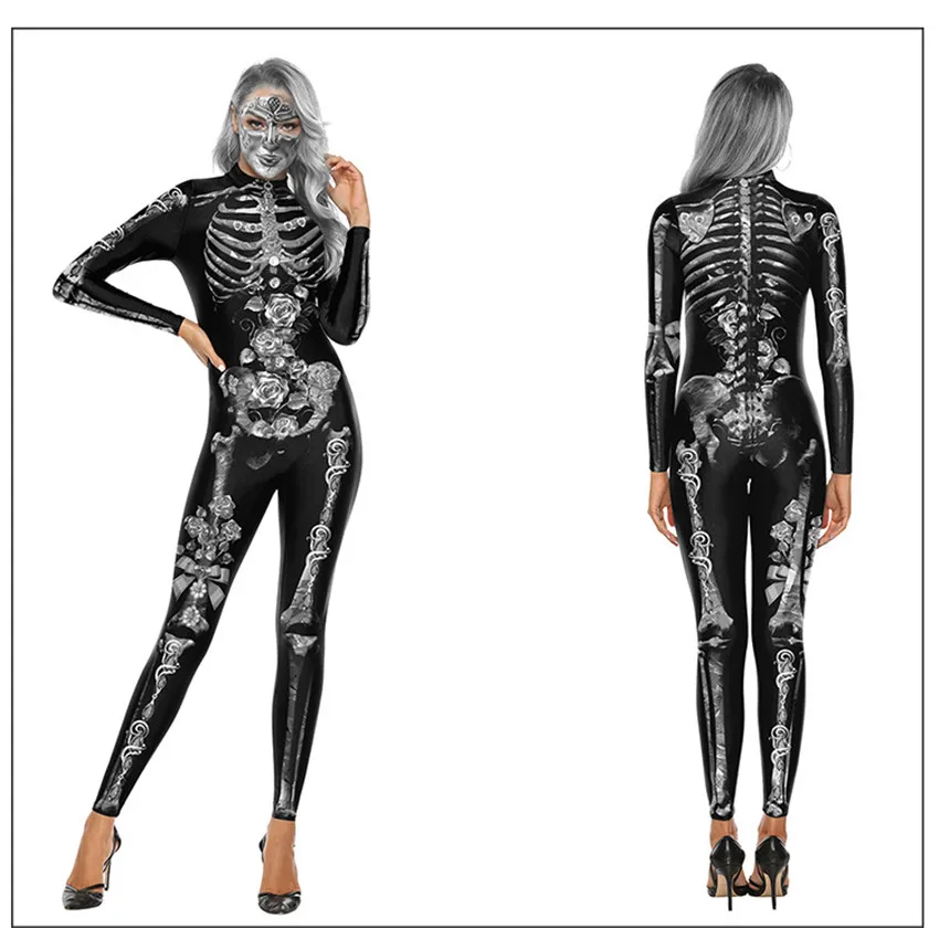 Halloween Cosplay Costumes Woman Skeleton 3D Printed Scary Jumpsuit Skull Floral Horror Bodycon Zentai Full Sleeve Stage Wear