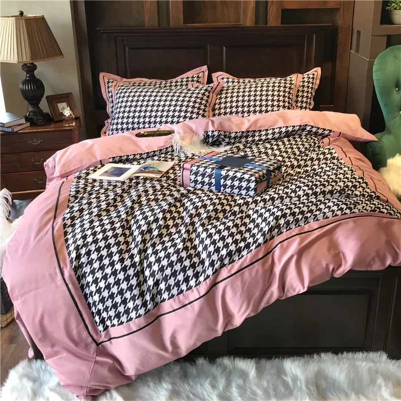 

Houndstooth Bedding Set 4pcs Free Shipping 100% Pure Cotton Princess Style Quilt Cover Autumn Winter Hot Thicken Bedding Article