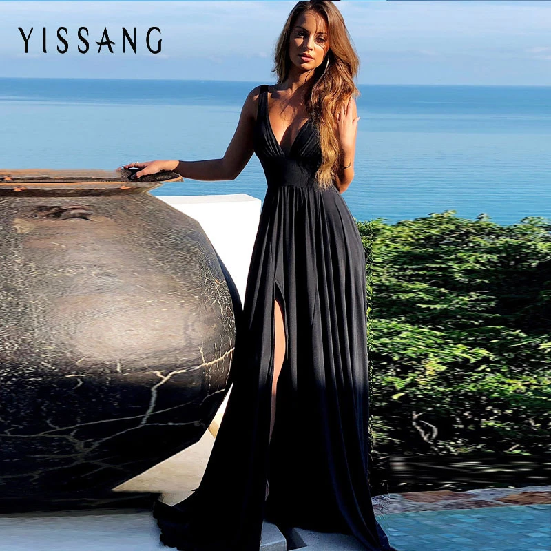 Yissang сексуальное летнее женское платье с глубоким v-образным вырезом и открытой спиной, Элегантное Вечернее Платье макси с разрезом, праздничные Длинные вечерние женские платья