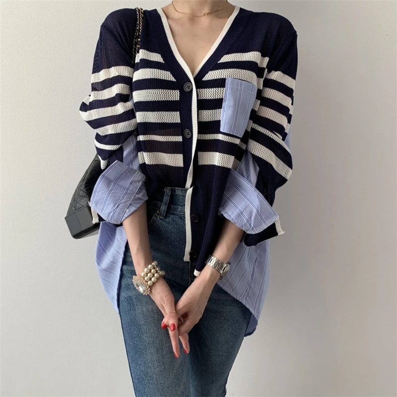 

New Arrival Shirt Patchwork Knitted Sweater Cardigan Women Autumn Spring V Neck Long Sleeve Loose Knitwear Coat Long Sweater