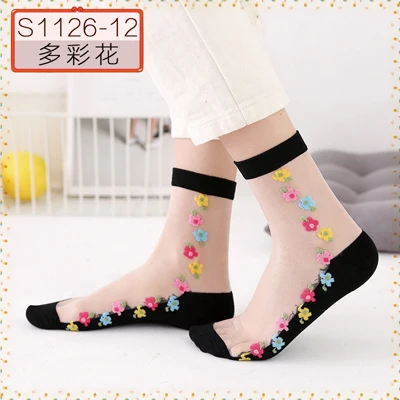 Hyrax trends Transparent sexy bud ladies silk Socks flower design Black transparent color Sexy fashion lace sock - Цвет: 1pack5pairs