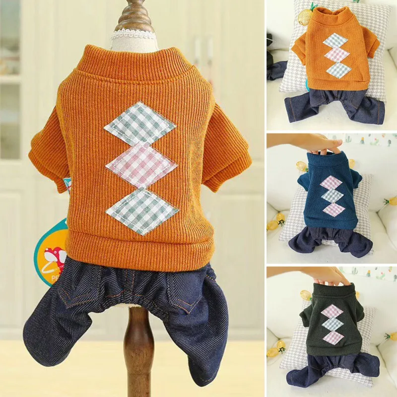

Pet Warm Costume Dog Apparel Jumpsuit Uniform Puppy Sweater Denim Pants Outfit Clothes Chihuahua York