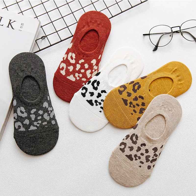 5Pair/lot=10pieces Summer Leopard Female Invisible Socks Thin Section Silicone Non-Slip Fashion Ladies Cotton Socks