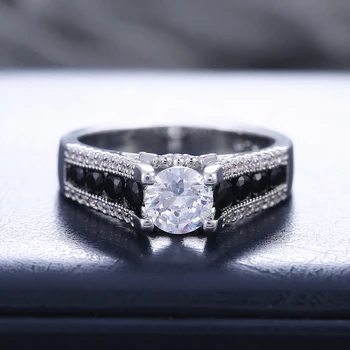 

Huitan Classic Solitaire 4 Claw Round CZ Women Wedding Rings Inlaid Black Stone Band Luxury Engagement Ring Jewelry Dropshipping