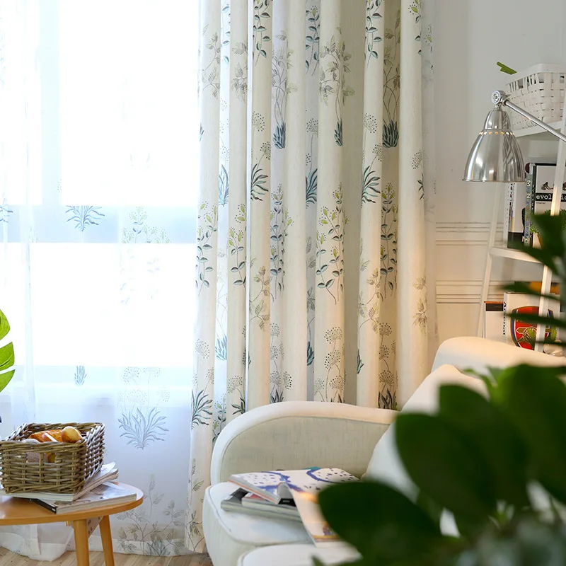American Country Printed Leaves Pattern Curtain for Living Room Bedroom Tulle Sheer Fabric Drape Cotton Linen Blinds T&393#30