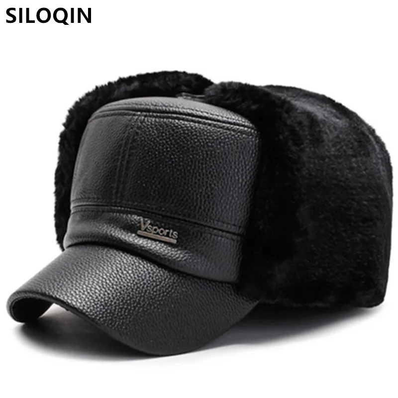 

SILOQIN New Winter Men's PU Imitation Leather Warm Baseball Caps Plus Velvet Fluff Earmuffs Hats Male Bone Cold Proof Ski Cap