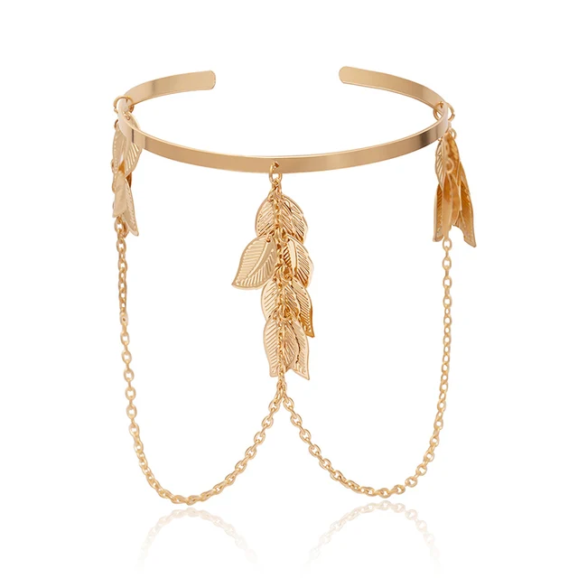 PuRui Bohemian Leaf Charm Upper Arm Bracelet Metal Leaves Tassel Pendants Arm Cuff Bangle Bracelets for Women Fashion Jewelry S01-1
