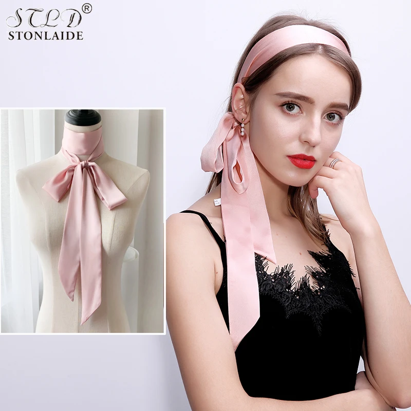 HOT Skinny Scarf Women\'s Belt Scarfs Narrow Smooth Satin Long Silk Pure Neckerchief Waistband Hair Band Arm Bag Ribbons 5X200CM