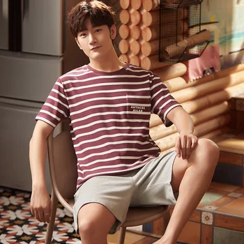 

Pajamas For Men Summer Full Pure Cotton O-Neck Men pajama Set Sleepwear Men Stripes Sleepwear homewear L,XL,XXL,XXXL