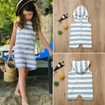 

Summer Kid Baby Girl Stripe Clothes Romper Hooded Jumpsuit Cotton 1Pc Outfit