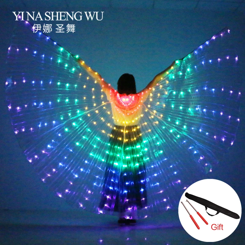 Светодиодный светильник для танца живота, крылья, крылья, костюм радужной расцветки, реквизит для сцены, светодиодный, крылья для танца с палкой