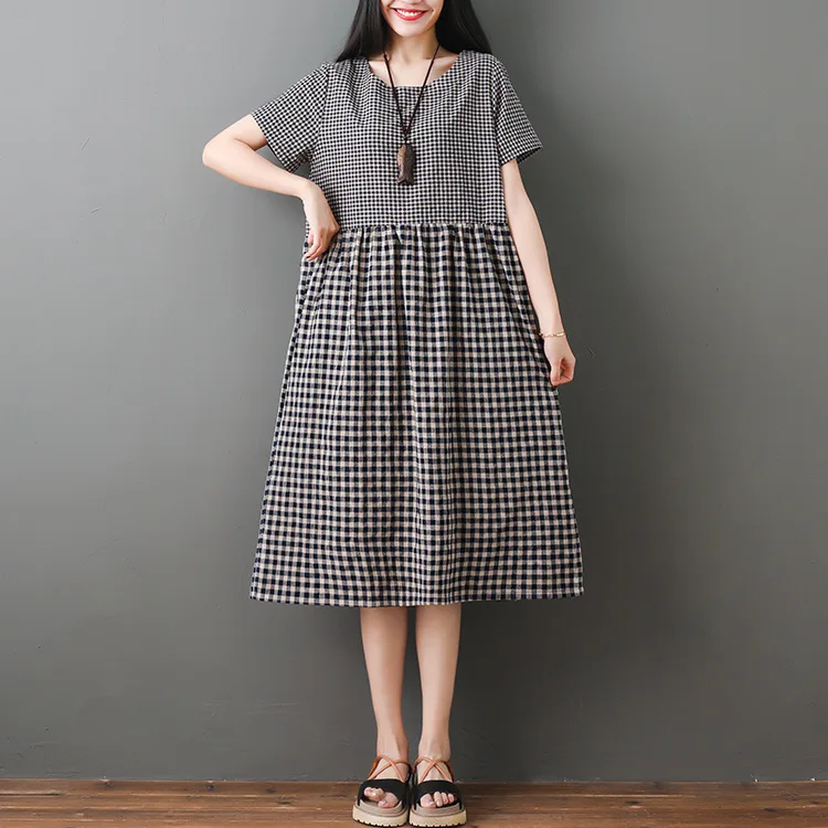 

2019 Summer New Style Large Size Literature And Art Retro Cotton Linen Plaid Mid-length Dress Women's