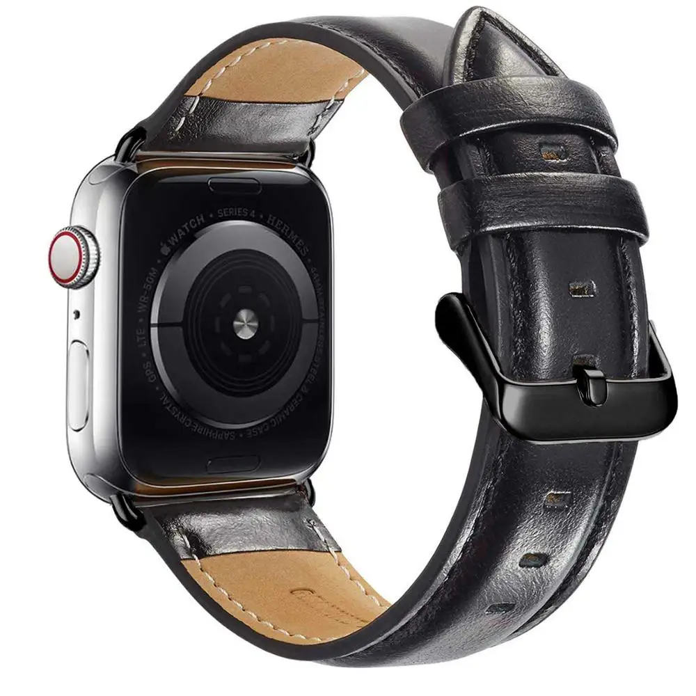 Ремешок из натуральной кожи для apple watch 42 мм 44 мм для apple watch 4/5 38 мм 40 мм сменный Браслет correa для iwatch 3/2/1 - Цвет ремешка: Черный