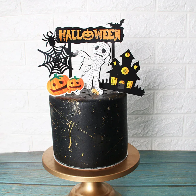 Halloween Cake Decoration Card Black Castle Batman Flag Pumpkin Witch Cake Dessert Topper Decoration Birthday Party Supplies