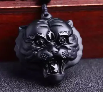 

LETSFUN Fine Jewelry Natural Black Obsidian Carved Tiger Head Lucky Amulet Pendant Beads Necklace Free Shipping