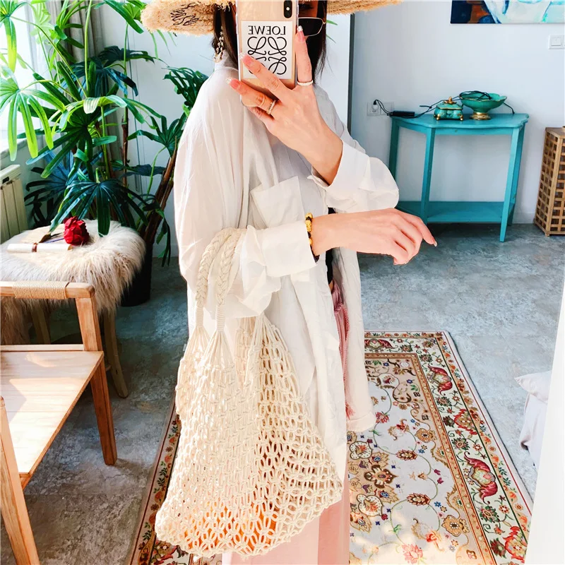 

INS Hand-woven Straw Bag Women's Cotton Rope String Bag Beach Bag Hollow out CHIC Korean Style Fishnet One-Shoulder Handbag