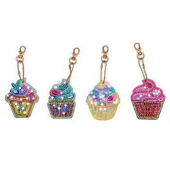 

4pcs Full Drill Cake Shaped Diamond Painting Keychains Women Bag Pendant Jew
