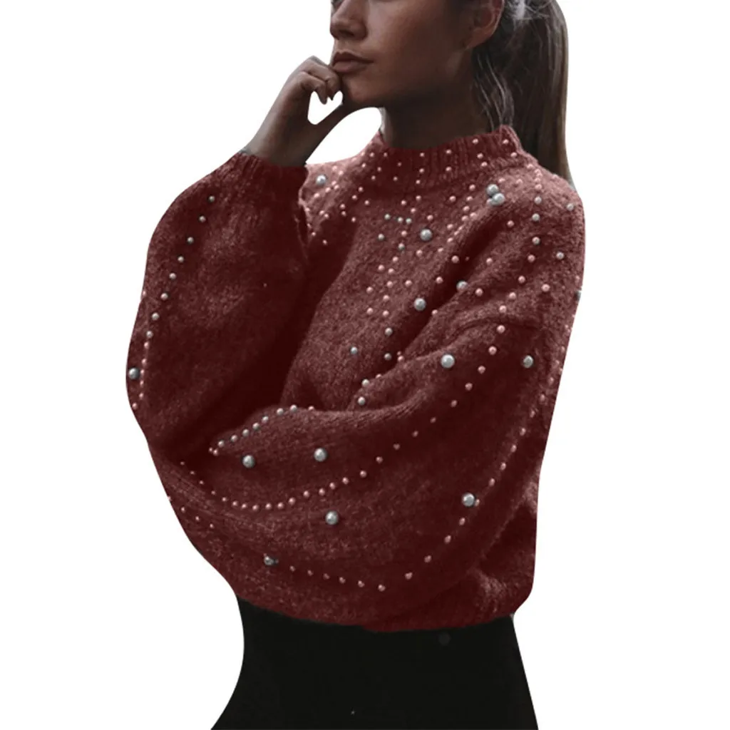 Women Sweaters With Pearl Women's Casual Sweater Thick Needle Long Sleeve O-Neck Pullover Sweater Jersey Mujer Invierno#04 - Цвет: Красный