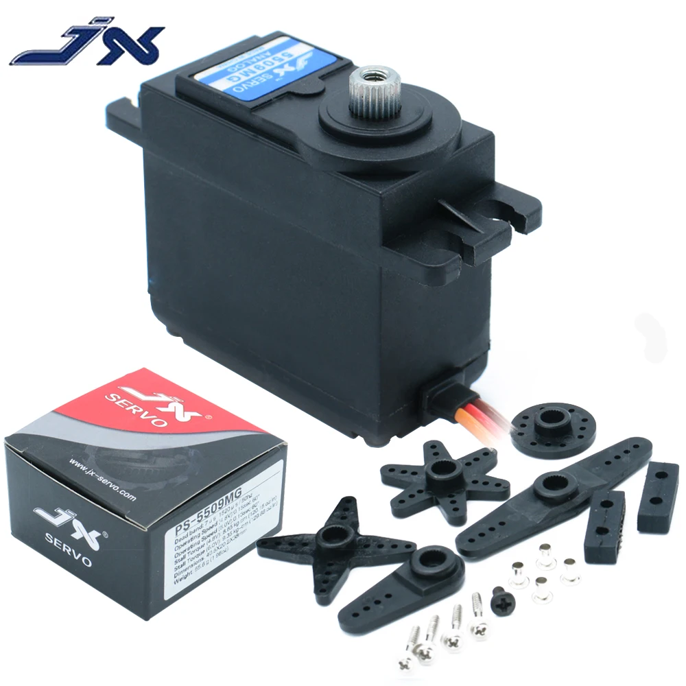 

JX PS-5509MG 4,8-6,0 В 9,35 кг, металлическая шестерня, аналоговый сердечник, сервопривод JR, разъем, двойные шарикоподшипники для радиоуправляемых моделей автомобилей, лодок, дронов, аксессуары