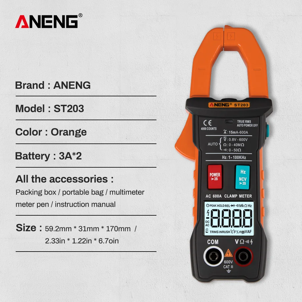 ANENG ST203 4000 отсчетов полный диапазон True RMS цифровой мультиметр клещи AC/DC напряжение NCV сопротивление Авто Диапазон фонарик