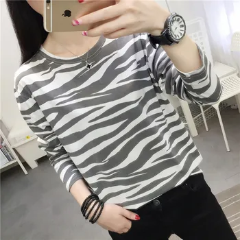 

Autumn Fashion Zebra Striped T-Shirts Women Korean Full Sleeve Crewneck Tops Tees Female Thin Bottoming Poleras Mujer MILINSUS
