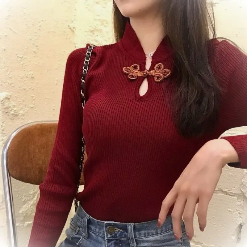

Retro Chinese Style Knitted Sweater Women Disc Button Hollow Slim Long-sleeved Bottoming Shirt Top
