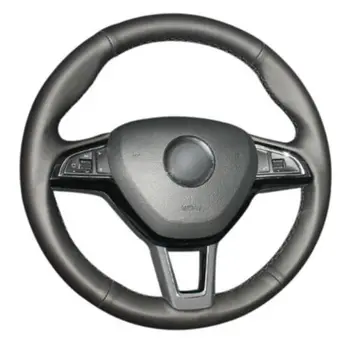 

For Skoda Octavia 2017 Fabia 2016-2017 Rapid Spaceback 2016 Top Leather Steering Wheel Hand-stitch on Wrap Cover