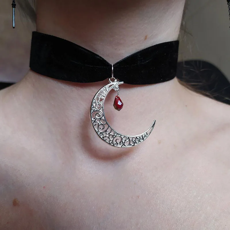 Black Velvet Crescent Moon Choker Wide Velvet Choker with Moon || Gothic Choker - Image 2