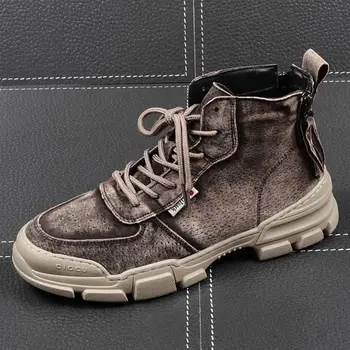 

New style Men Fashion Casual Ankle Boots Spring Winter High Top lace-up And Side zipper Retro Sneakers Male Youth Trending Shoes