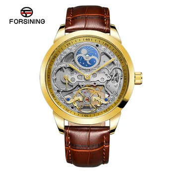 

Men Mechanical Watch Forsining Moon Phase Skeleton Dial Automatic Self-Wind Leather Strap Sport Wristwatch