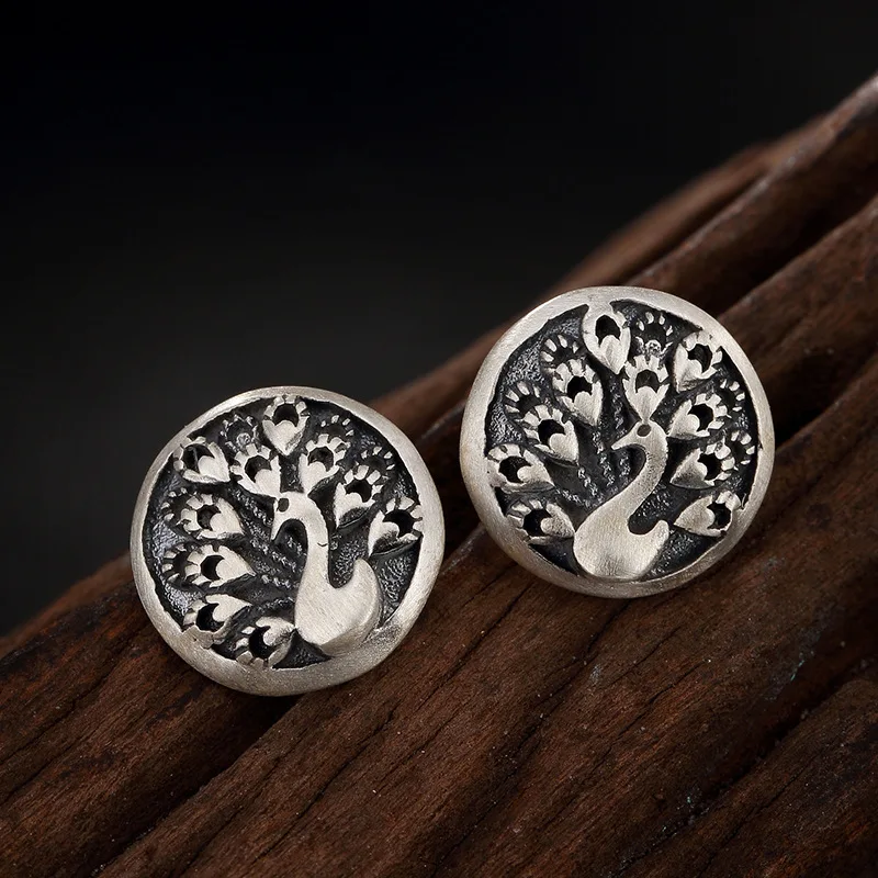 

One Deer Silver S990 Pure Silver Retro Matte Peacock Women's Top Grade Ear Stud Fine Silver Versatile Ear Stud