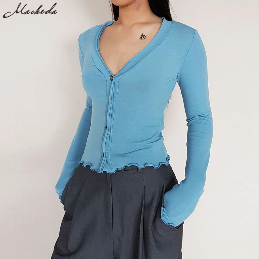Macheda Autumn Blue Color Women Shirt Long sleeved V Neck Single Breasted Top Lady Dew umbilical Slim Casual Clothing 2019 New | Женская