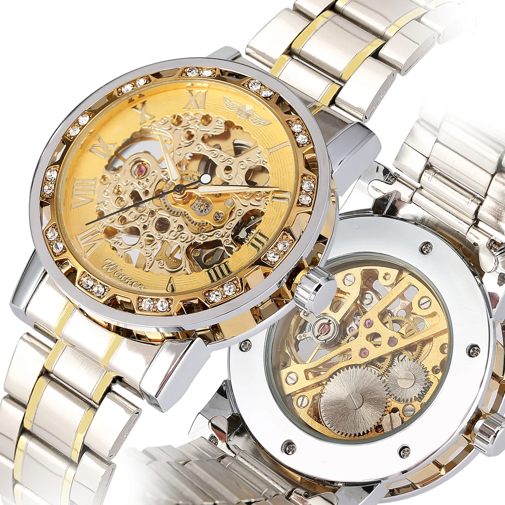 

Hand-Winding Mechanical Watch Noble Golded Dial with Diamonds Watches Men Solid Stainless Steel Band Wristwatch montre homme