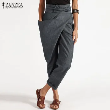 

Plus Size Women Harem Pants 2020 ZANZEA Elegant Turnip Pantalon Casual Long Palazzo Fashion Pockets Side Zipper Cropped Trousers