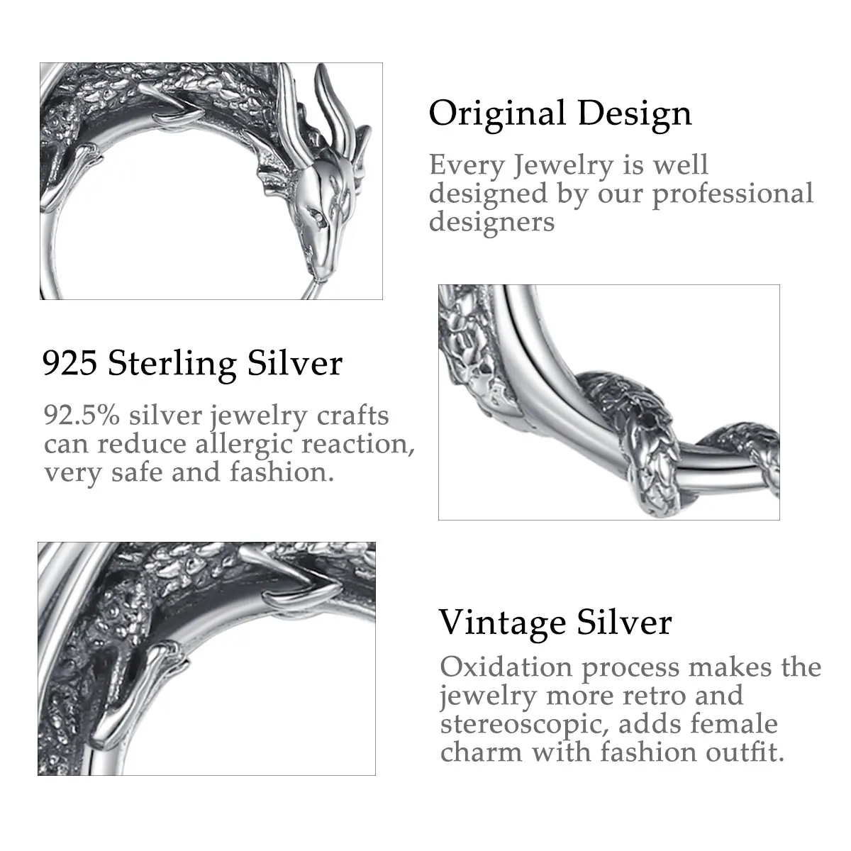 Eudora Real 925 Sterling Silver Cool Dragon Neckalce Temperament Personality Dragon Pendant Fashion Jewelry for Man Gift Box 639