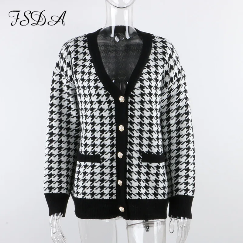 FSDA V Neck Women Button Black Houndstooth Cardigan 2020 Long Sleeve Sweater Autumn Winter Knitted Loose Oversized Jumper Casual