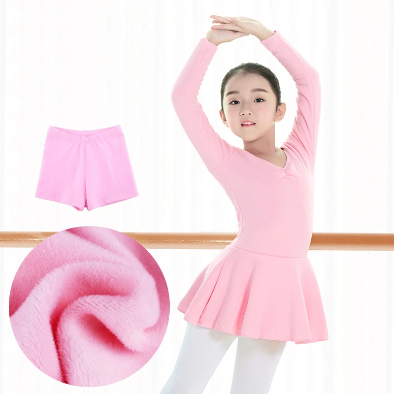 Pink Thick Suit Зимнее детское балетное платье для танцев, гимнастики, костюм с шортами, детское хлопковое плотное балетное платье с длинными рукавами для девочек, Одежда для танцев - Color: Pink Thick Suit