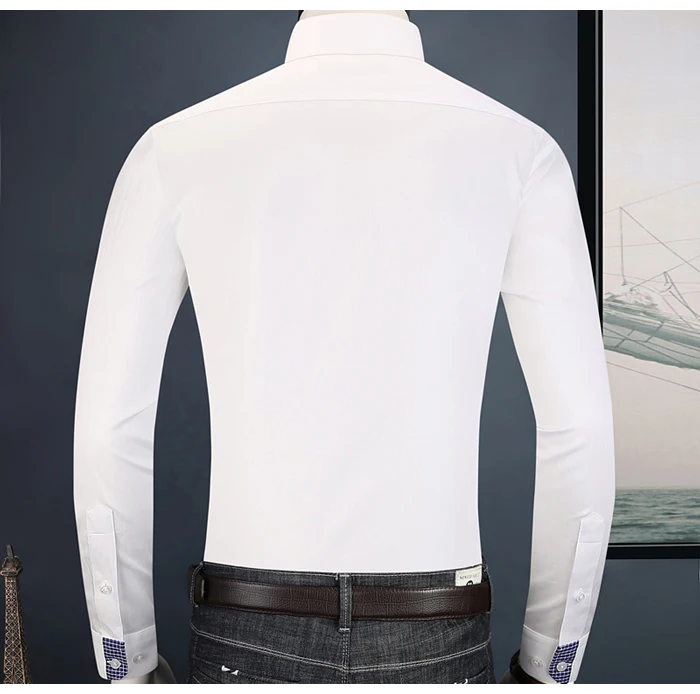 Men's Contrast Plaid Piping Long Sleeve White Dress Shirt Pocketless Design Smart Casual Standard-fit Quality Cotton Shirts