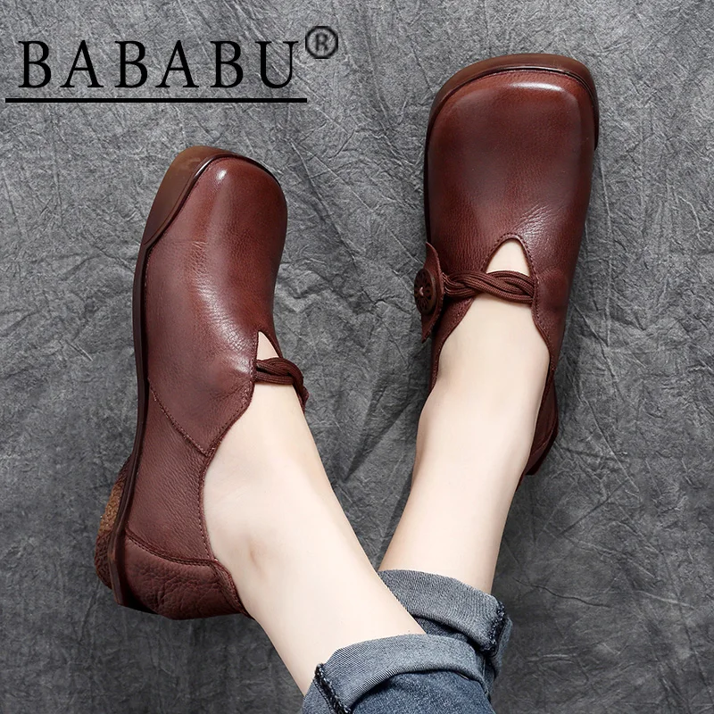 

2019 autumn new national style retro leather square head soft bottom low heel single shoes casual shoes set foot shoes