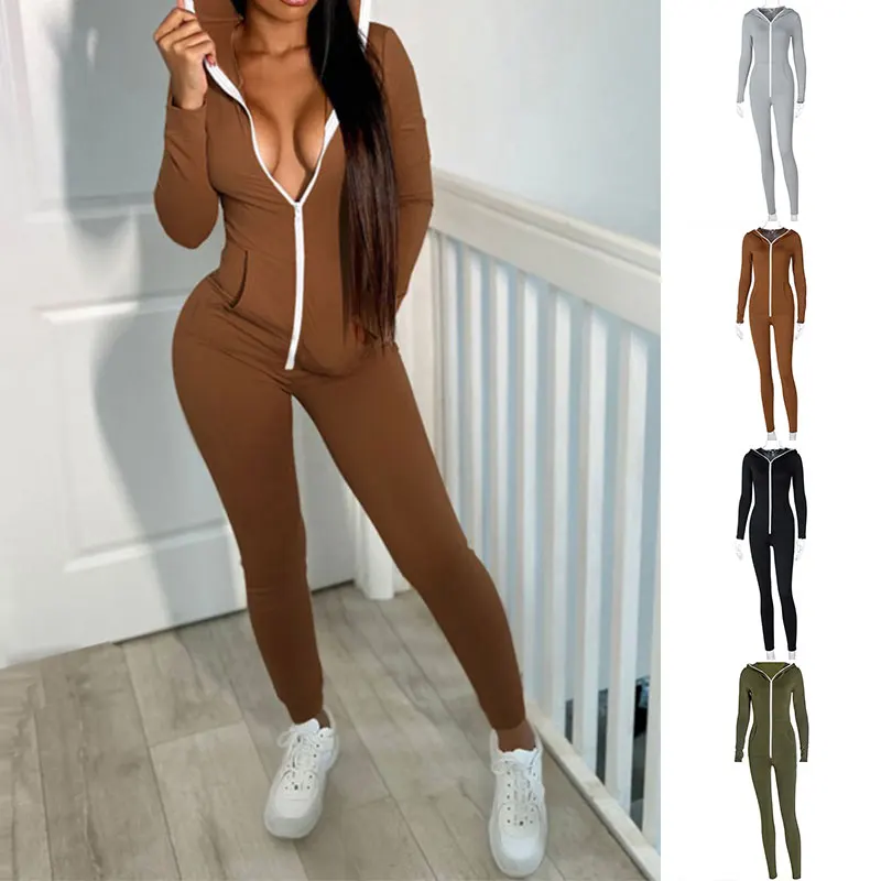 

Women Fashion Jumpsuit Zipper Overall Playsuit Solid Color Regular Thickness V-Neck Long Sleeve Sports Pants Hooded Bodycon